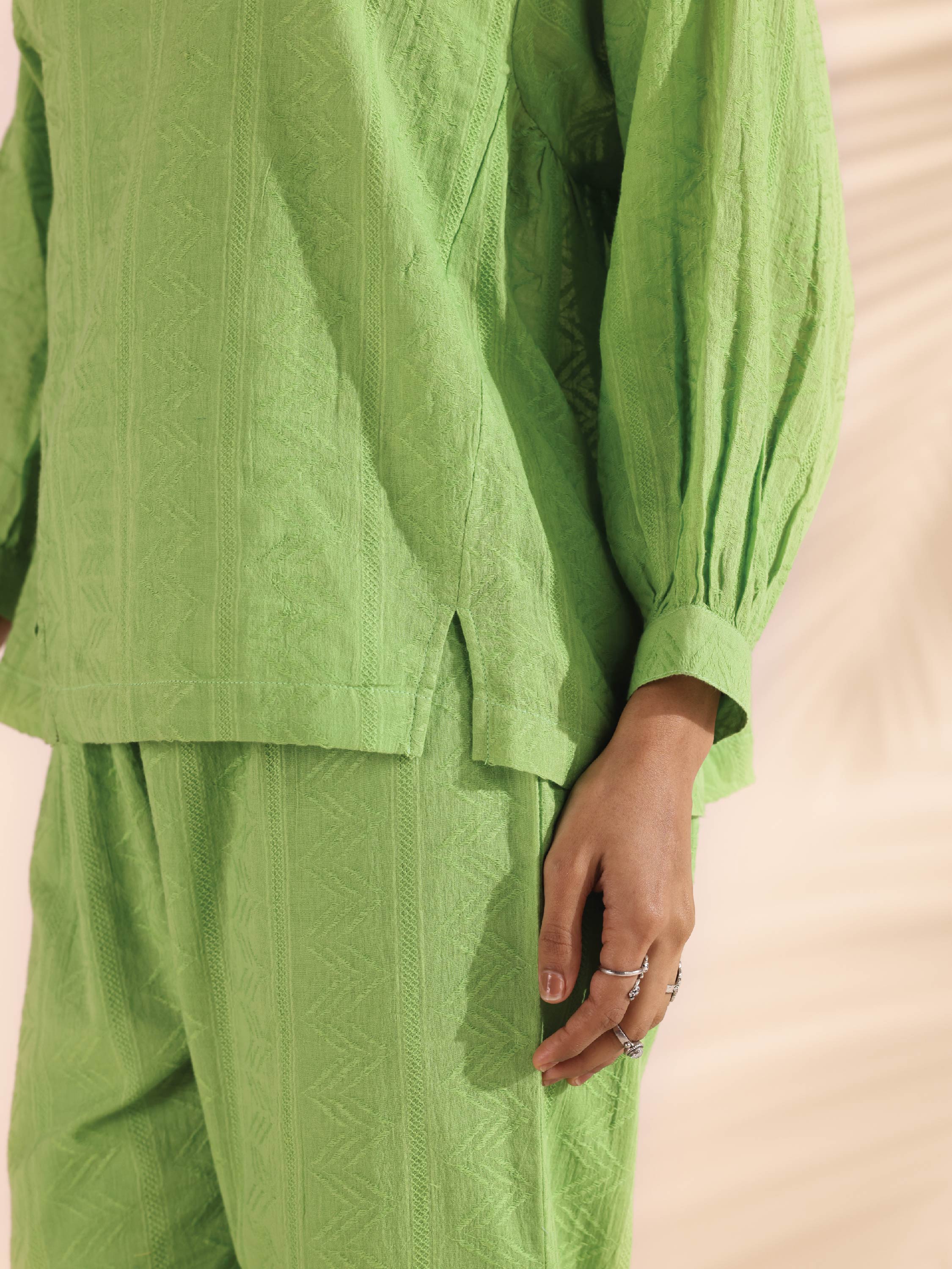 trueBrowns Green Cotton Dobby Short Co-ord Set - Distacart
