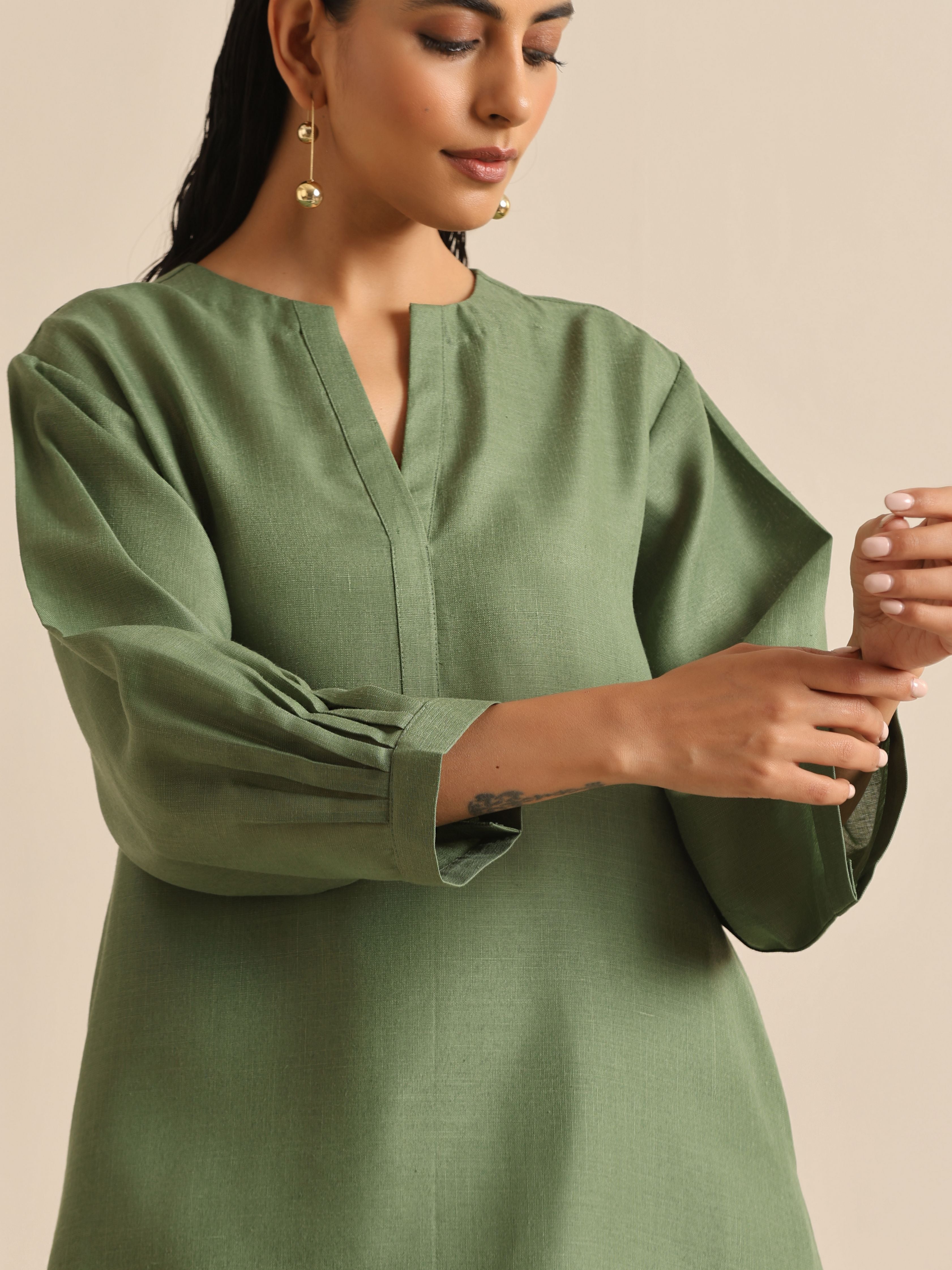 trueBrowns Olive Green Slub Relaxed Placket Co-Ord Set - Distacart