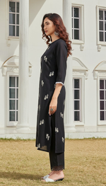 Thumbnail for BulBul Rashmika Cotton Black Kurta Set
