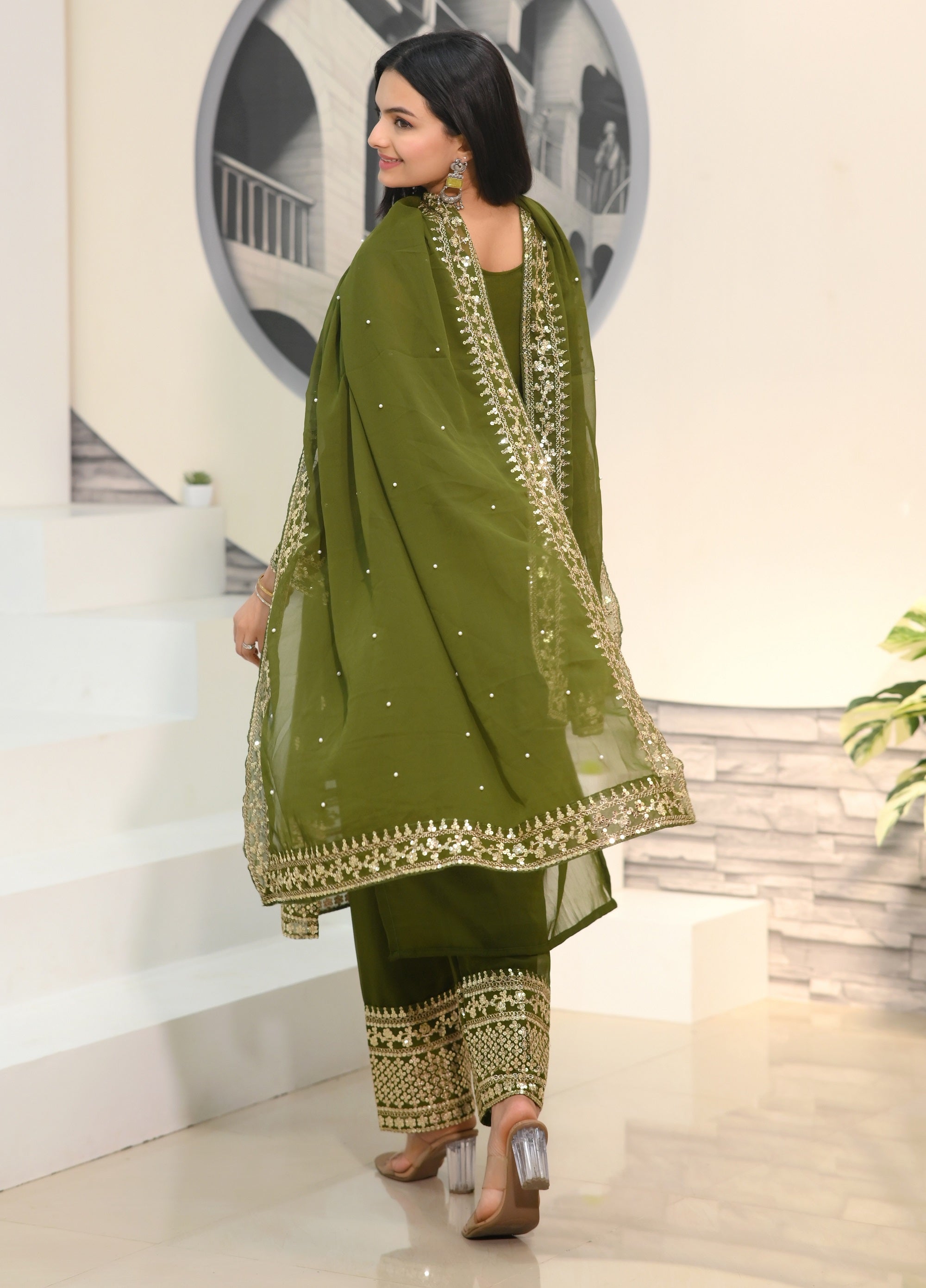 Teeya Creation Mehndi Color Faux Georgette Silk Heavy Embroidery Work Fully Stitched Salwar Suit - Distacart