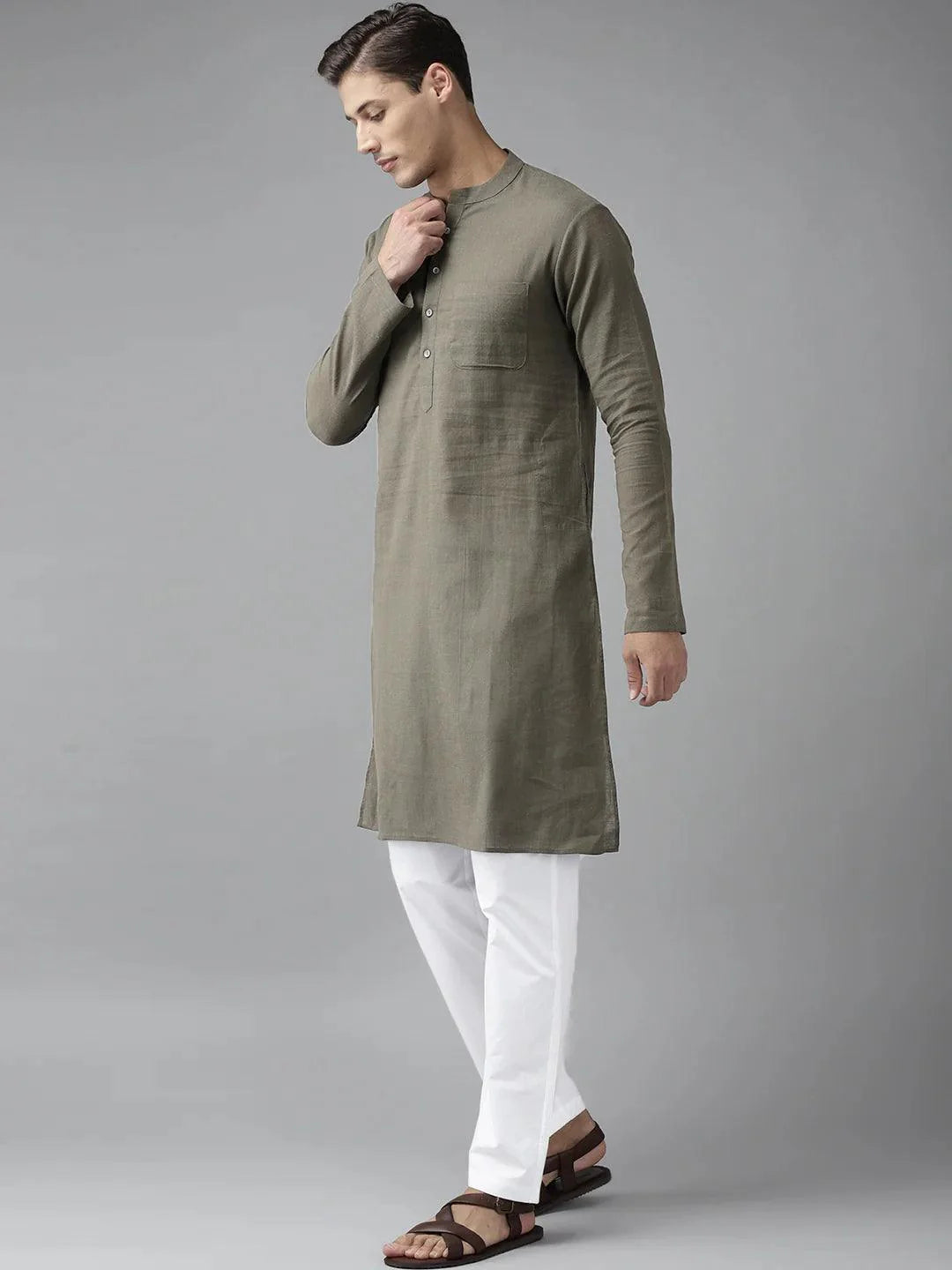 Fabmade Men Khaki Cotton Linen Kurta Pyjama