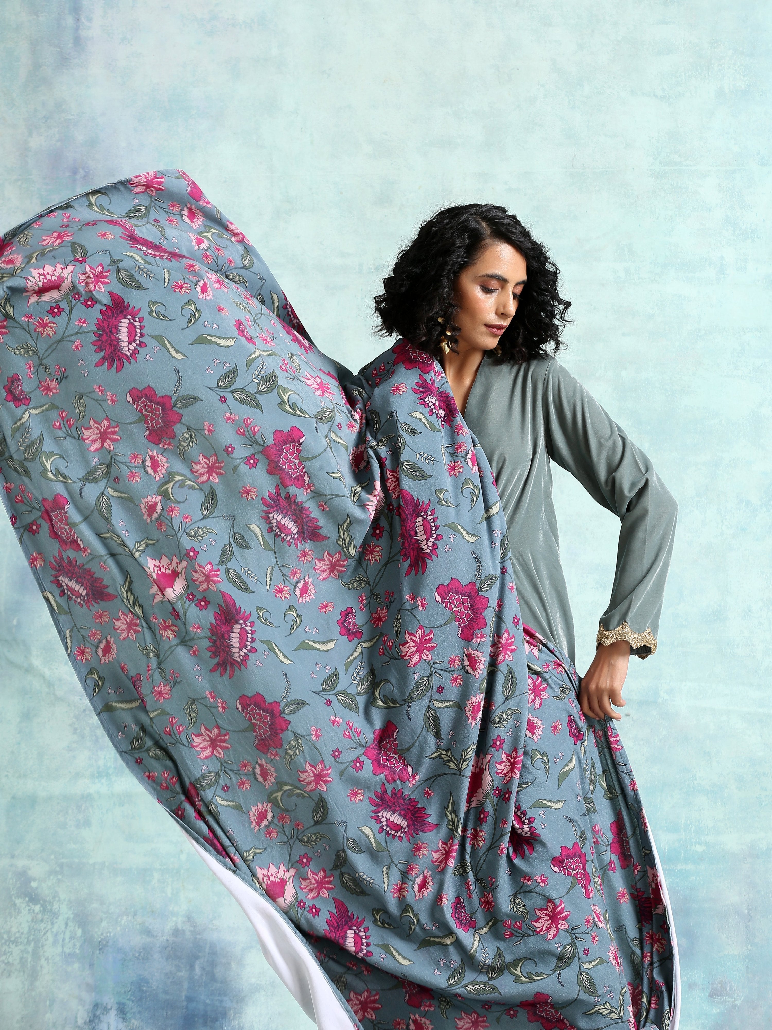 trueBrowns Grey Printed Velvet Shawl - Distacart