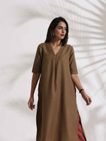 Thumbnail for trueBrowns Brown Slub Highslit Kurta Set