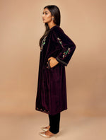 Thumbnail for trueBrowns Maroon Velvet Embroidered Kurta Set