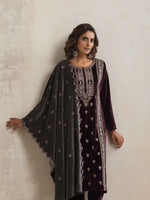 Thumbnail for trueBrowns Purple Velvet Embroidered Kurta Pant Dupatta Set