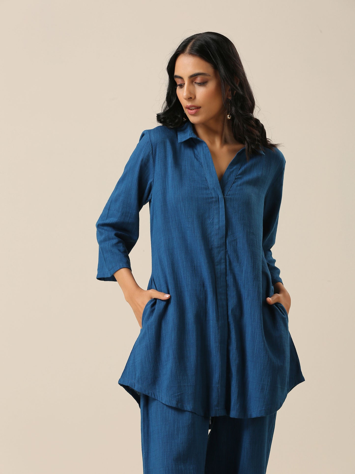 trueBrowns Classic Blue Slub Texture Collar Short Co-Ord Set - Distacart
