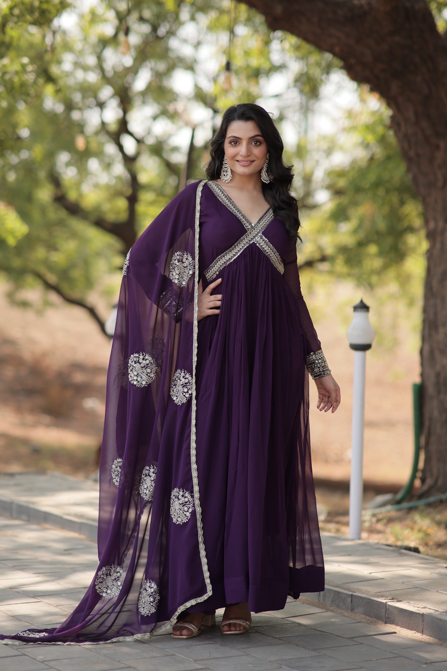 Anaita Violet Georgette Readymade Anarkali Suit with Zari & Sequence Work - Dista