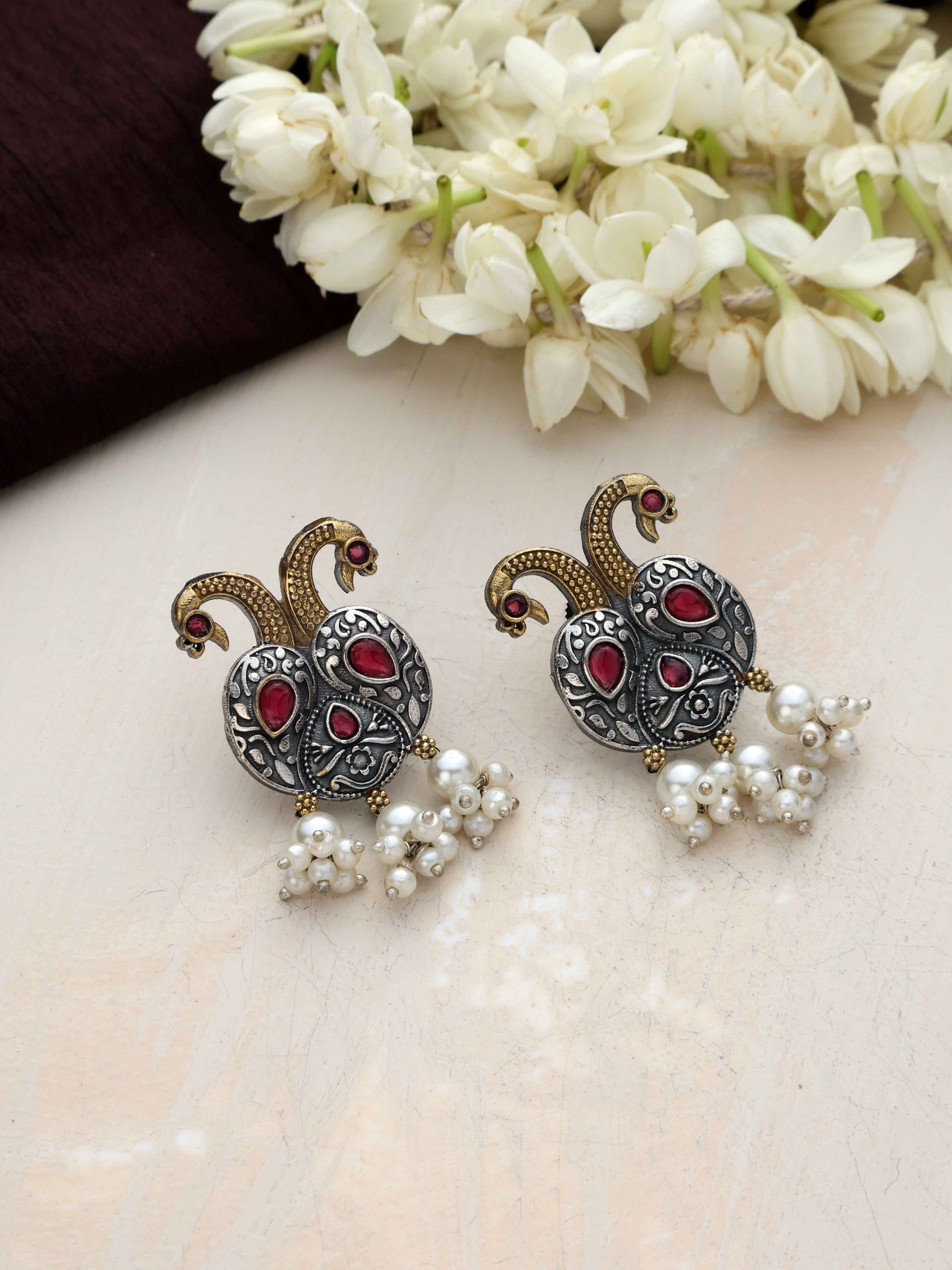 trueBrowns Silver Gold Tone Peacock Stud Earrings - Distacart