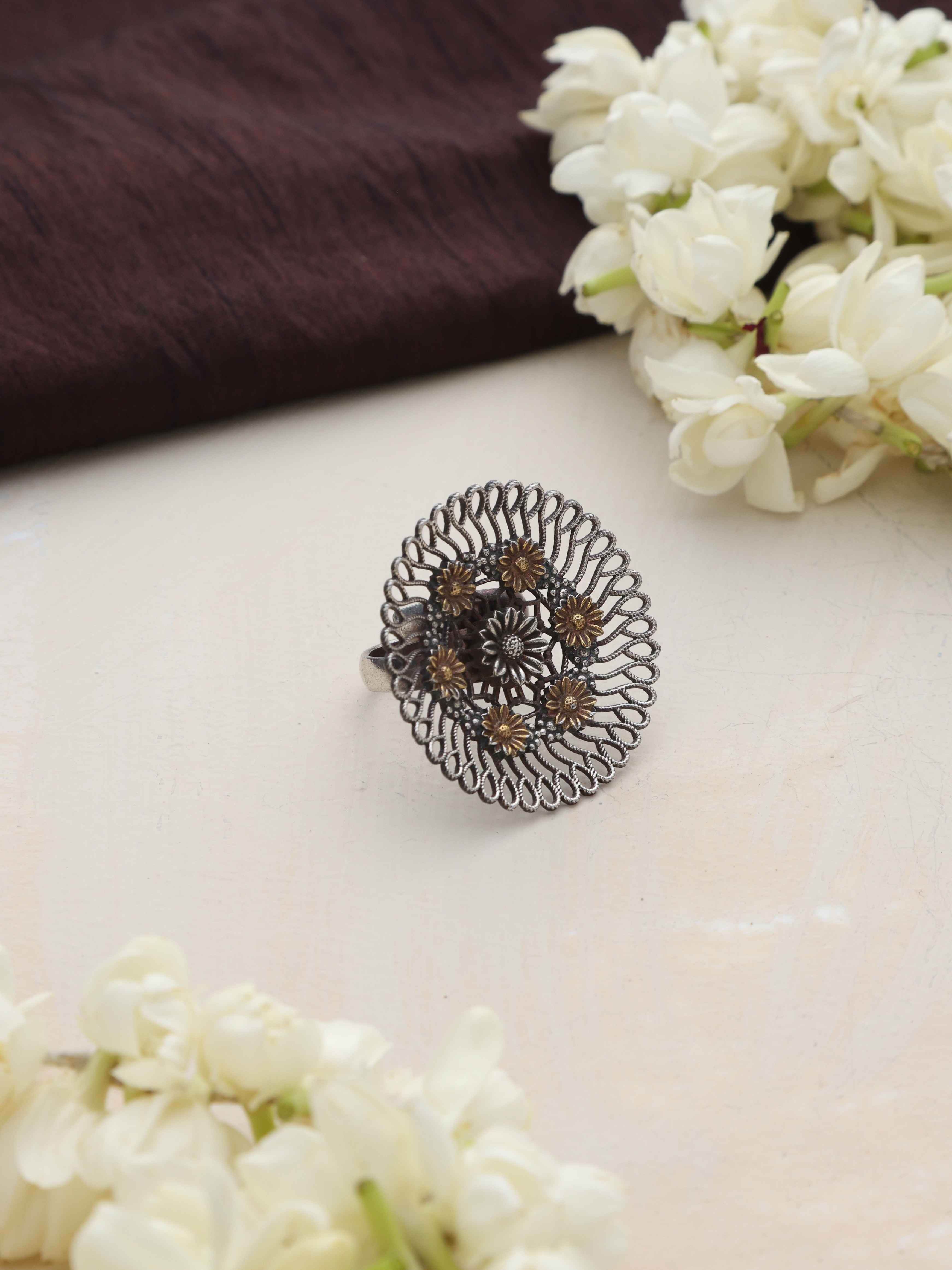 trueBrowns Silver Tone Floral Circular Ring - Distacart