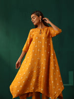 Thumbnail for trueBrowns Mustard Geometric Floral Viscose Silk Handkerchief Kurta Pant Set - Distacart