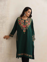 Thumbnail for trueBrowns Green Kashmiri Embroidered Woollen Phiran Kurta - Distacart
