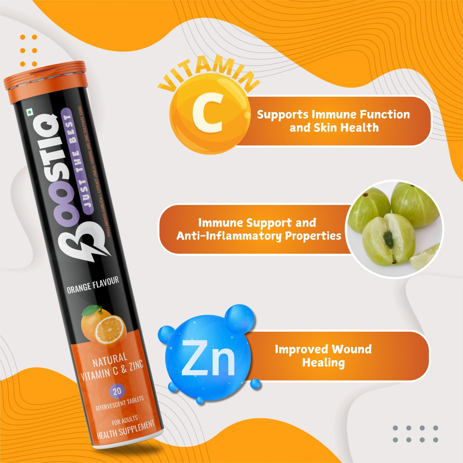 BOOSTIQ Vitamin C & Zinc Effervescent Tablets - Orange Flavour - Distacart