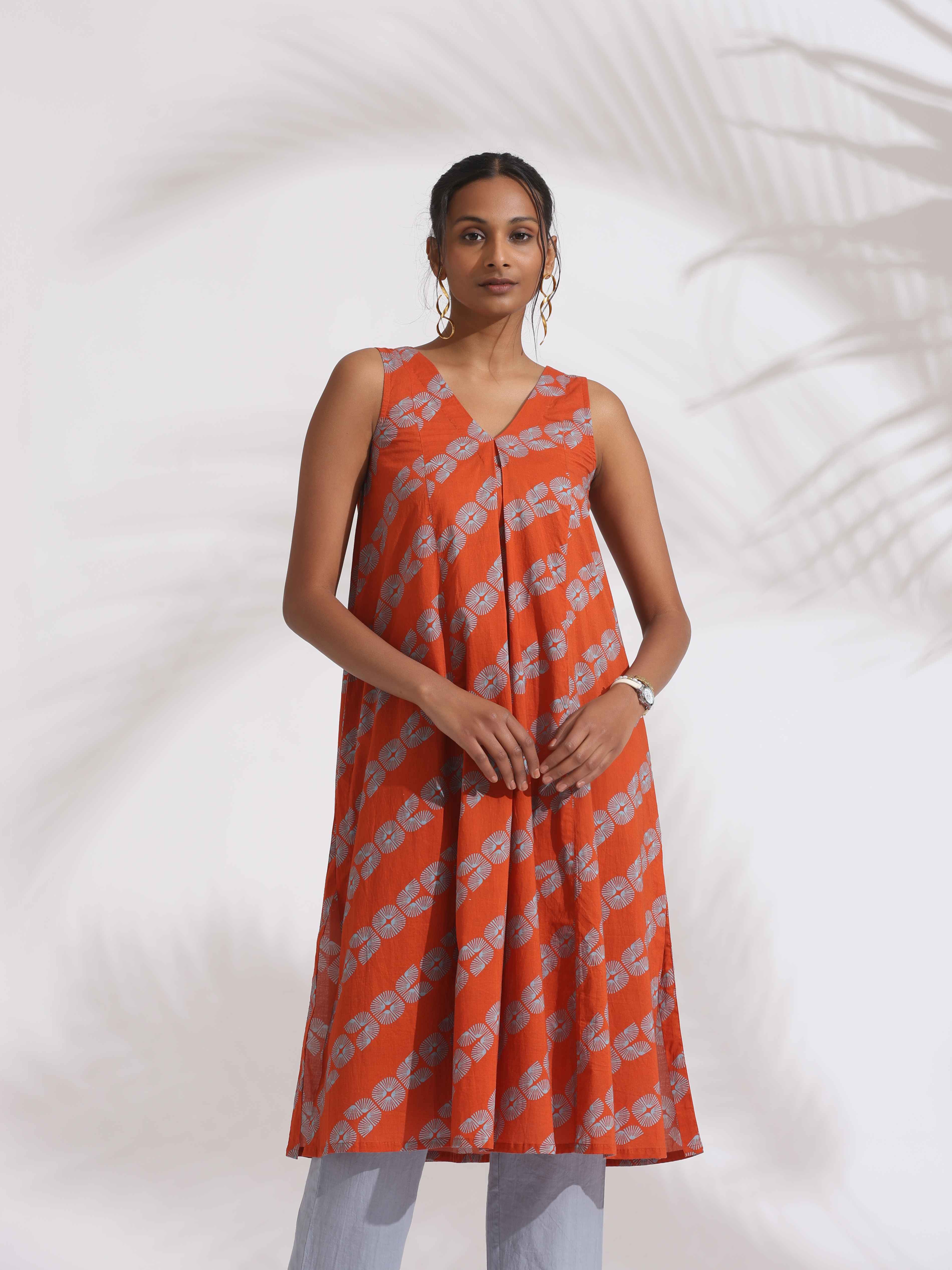 trueBrowns Orange Cotton Print Sleeveless Kurta Set