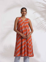 Thumbnail for trueBrowns Orange Cotton Print Sleeveless Kurta Set