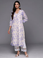 Thumbnail for Varanga Women Lavender Floral Printed V- Neck Three Quarter Sleeve Straight Kurta - Distacart