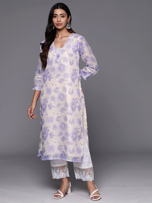 Varanga Women Lavender Floral Printed V- Neck Three Quarter Sleeve Straight Kurta - Distacart