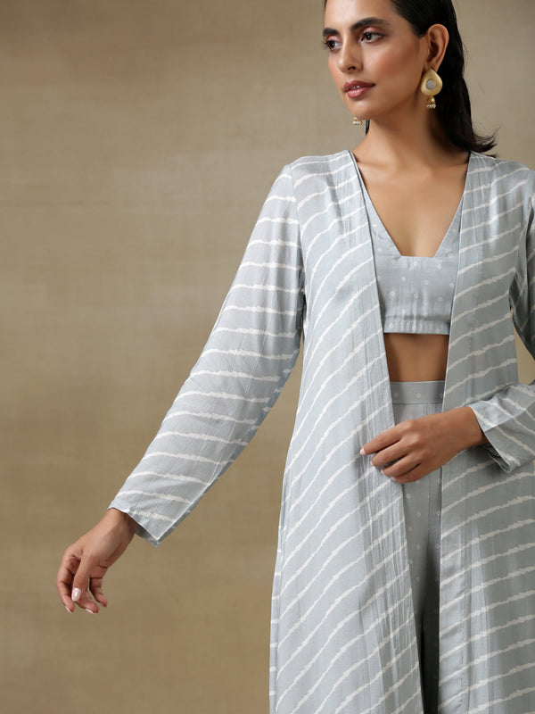 trueBrowns Grey Bandhani Printed Silk Overlay Jacket Blouse Pant Set - Distacart