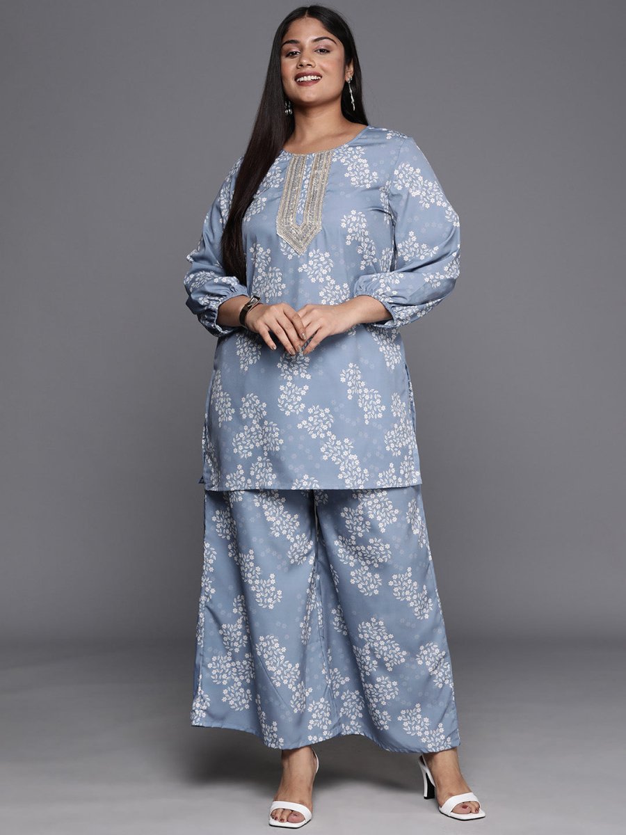 Ahalyaa Plus Size Floral Print Zari Ethnic Tunic with Palazzos - Distacart