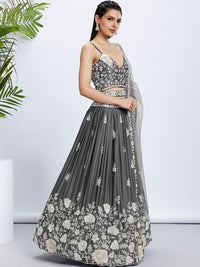 Thumbnail for House of Panchhi Navy Blue Georgette Sequins, Mirror And Thread Embroidery Lehenga Choli & Dupatta - Distacart