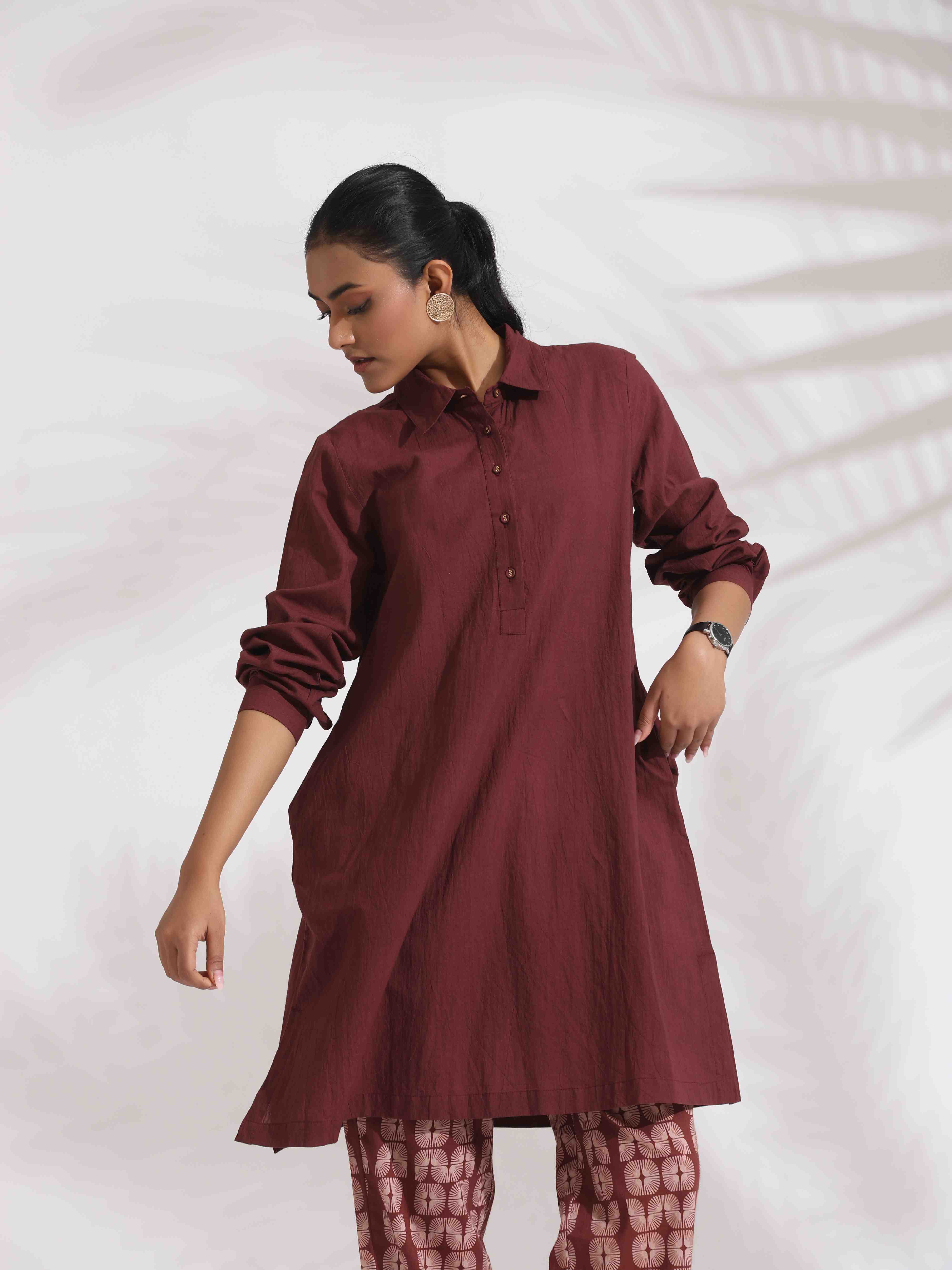 trueBrowns Brown Cotton Solid Kurta Co-ord Set