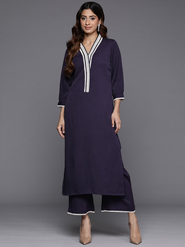 Varanga Women Navy Blue Cotton Lace Detailed Kurta Set - Distacart