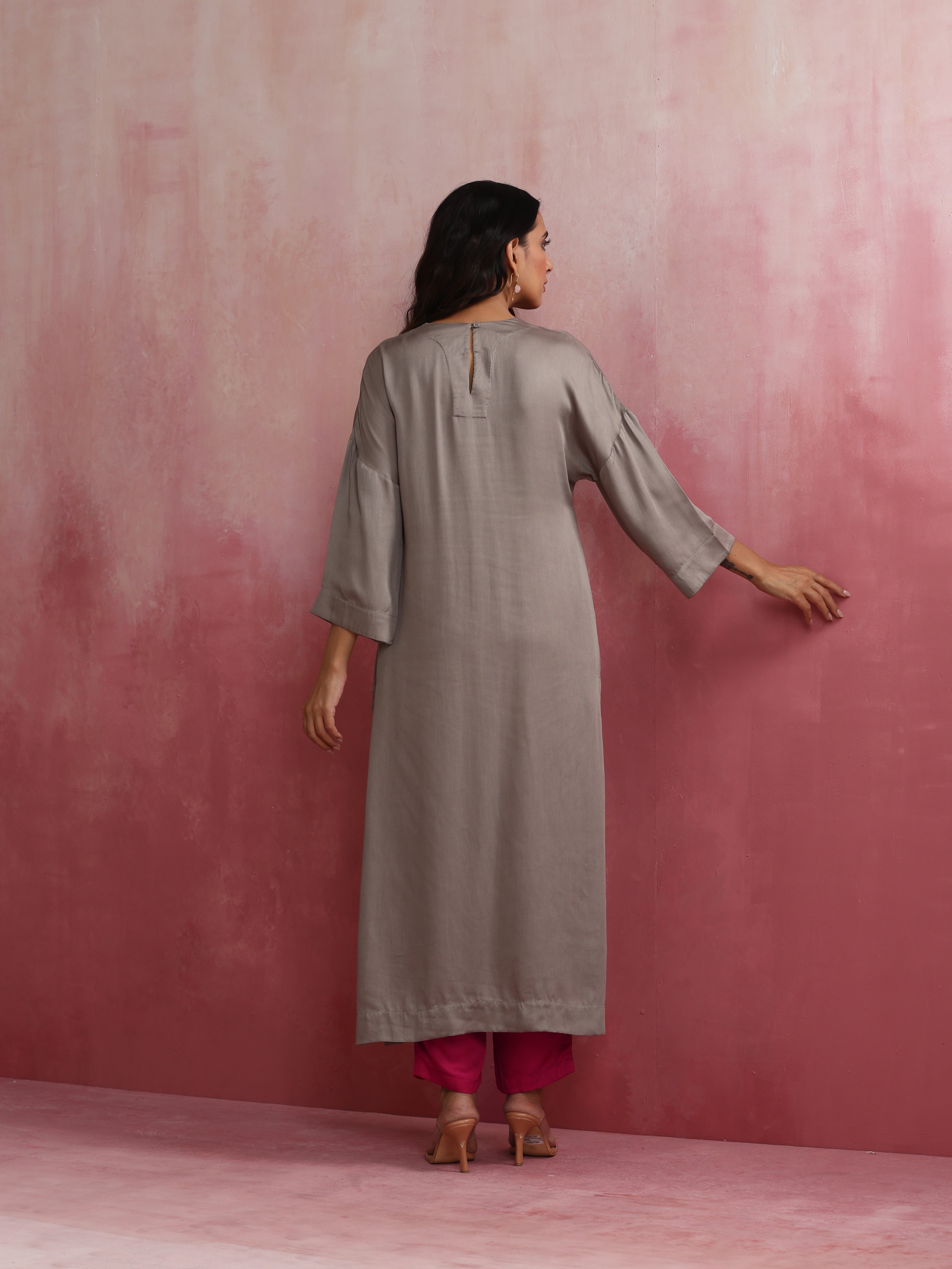 trueBrowns Grey High Slit Modal Kurta Set