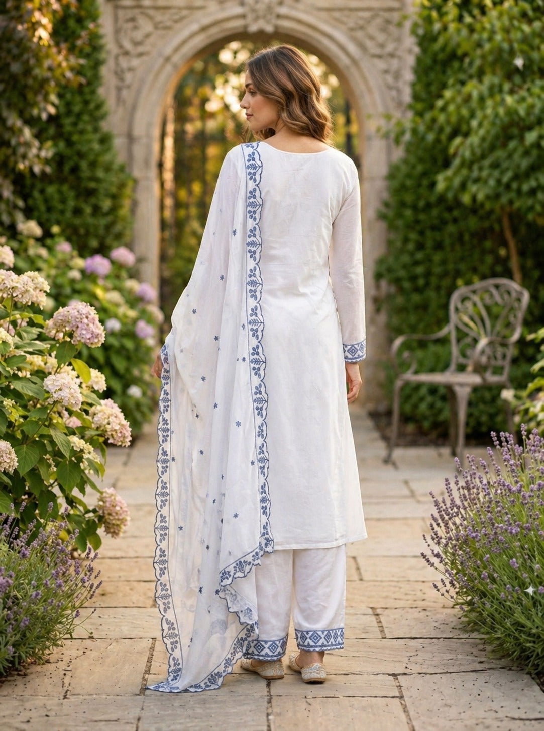 Anaita Blue&White Georgette Readymade Suit with Thread Embroidery Work - Dista