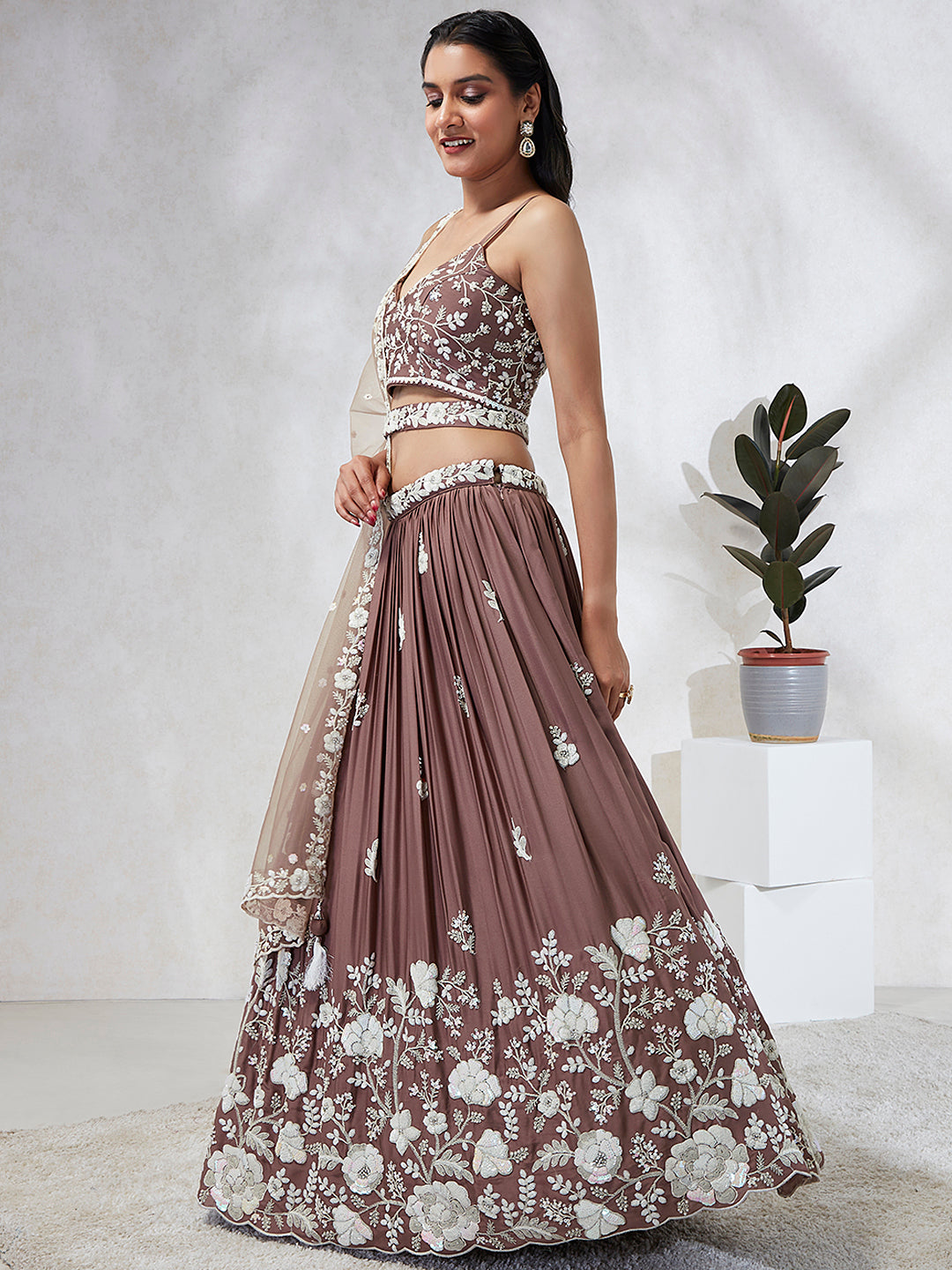House of Panchhi Rose Gold Pure Georgette Sequins And Thread Embroidery Lehenga Choli & Dupatta - Distacart