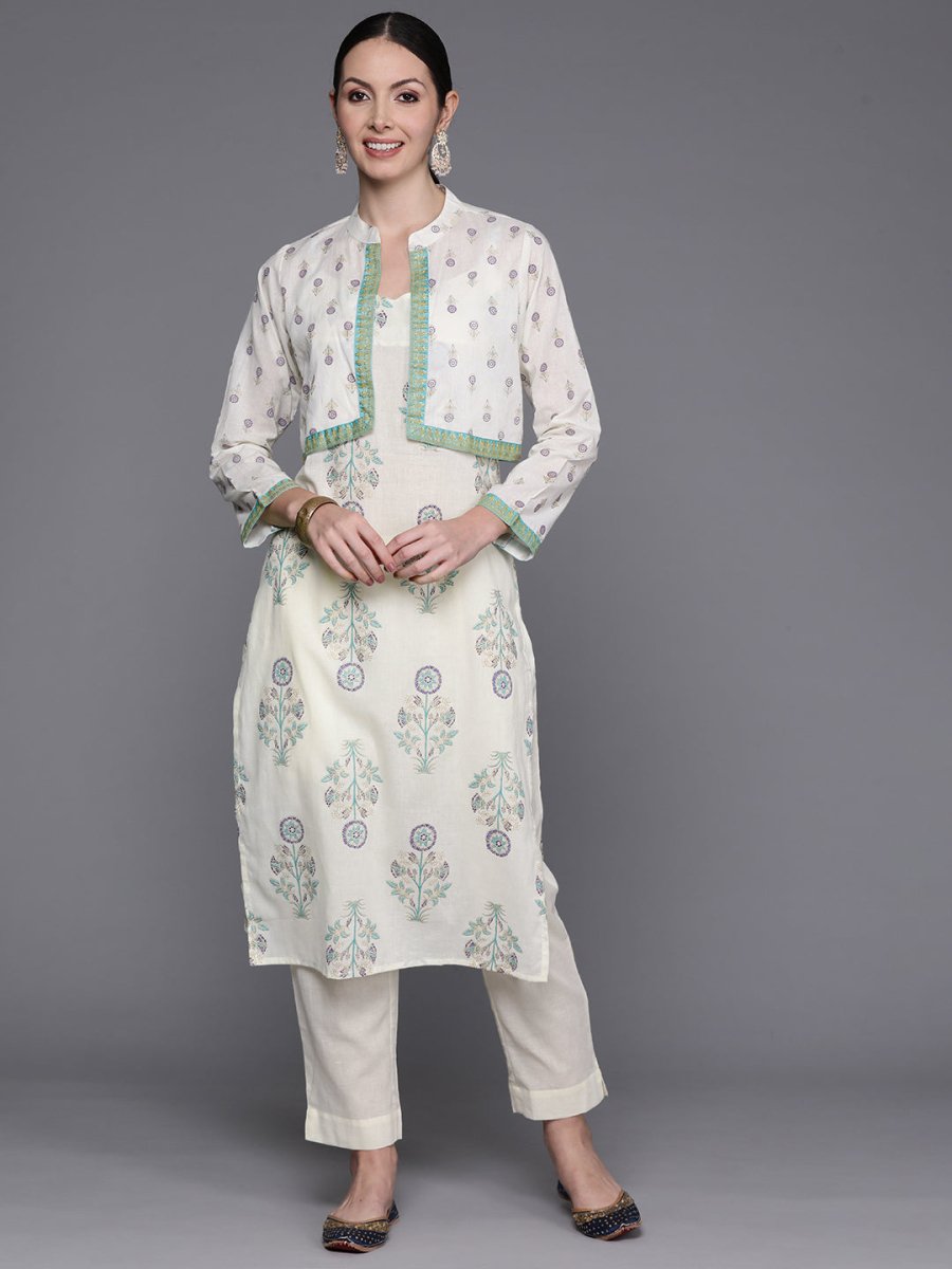 Ahalyaa Floral Printed Regular Pure Cotton Kurta with Trousers & Jacket - Distacart