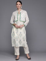 Thumbnail for Ahalyaa Floral Printed Regular Pure Cotton Kurta with Trousers & Jacket - Distacart