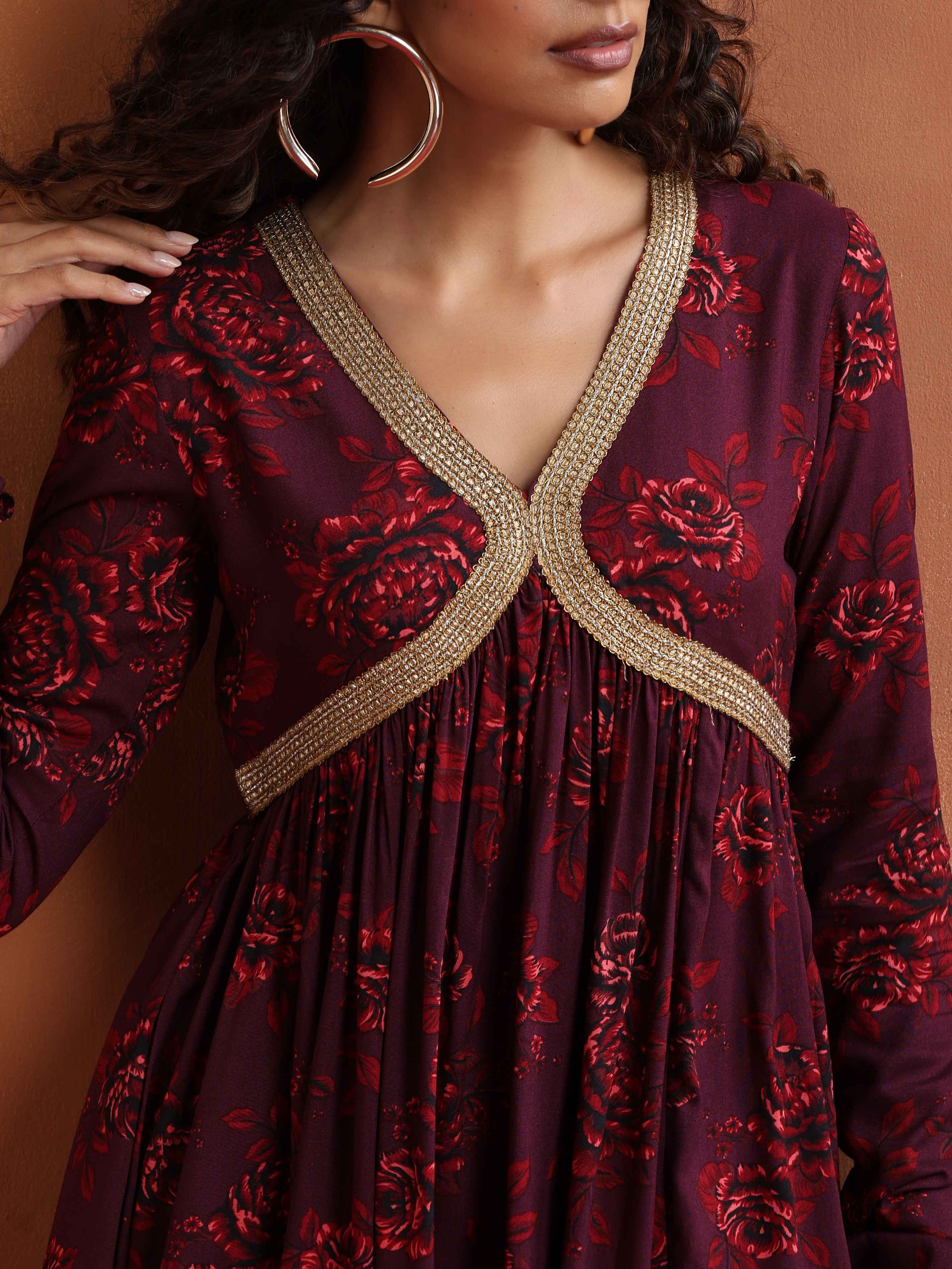 trueBrowns Purple Floral Print Sharara Set - Distacart