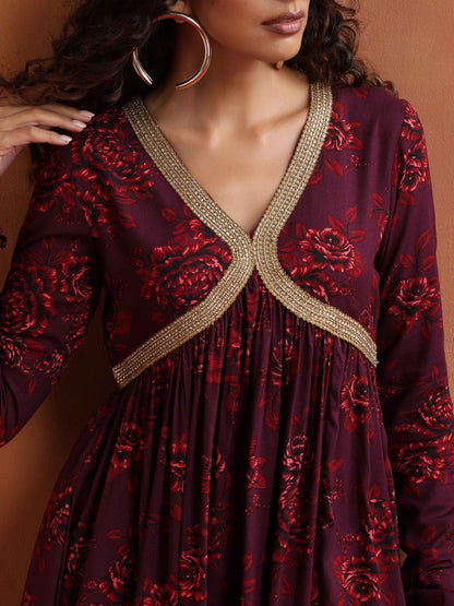 trueBrowns Purple Floral Print Sharara Set - Distacart