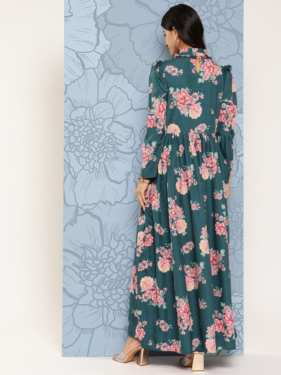 Ahalyaa Floral Print Puff Sleeves Tie-Up Neck Crepe Ethnic Gown With Cut-Out Detail - Distacart