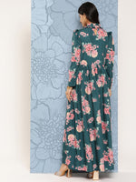 Thumbnail for Ahalyaa Floral Print Puff Sleeves Tie-Up Neck Crepe Ethnic Gown With Cut-Out Detail - Distacart