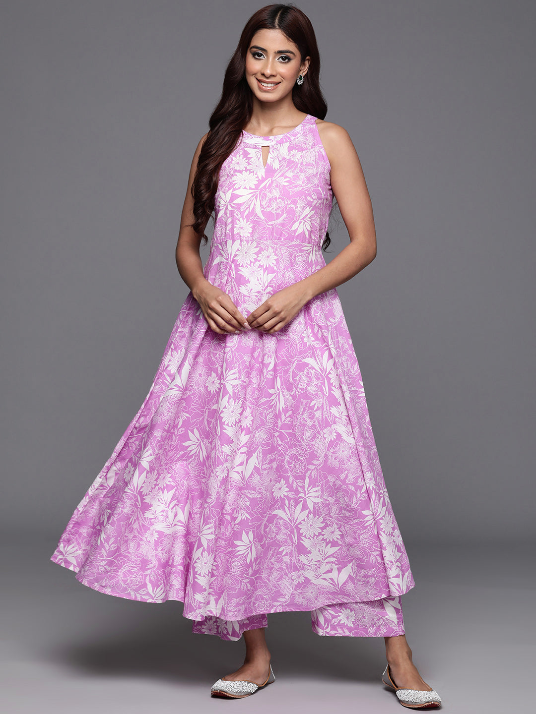 Varanga Women Lavender Floral Printed Halter Neck Anarkali Kurta With Bottom - Distacart