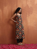 Thumbnail for trueBrowns Black Print Straight Kurta Set