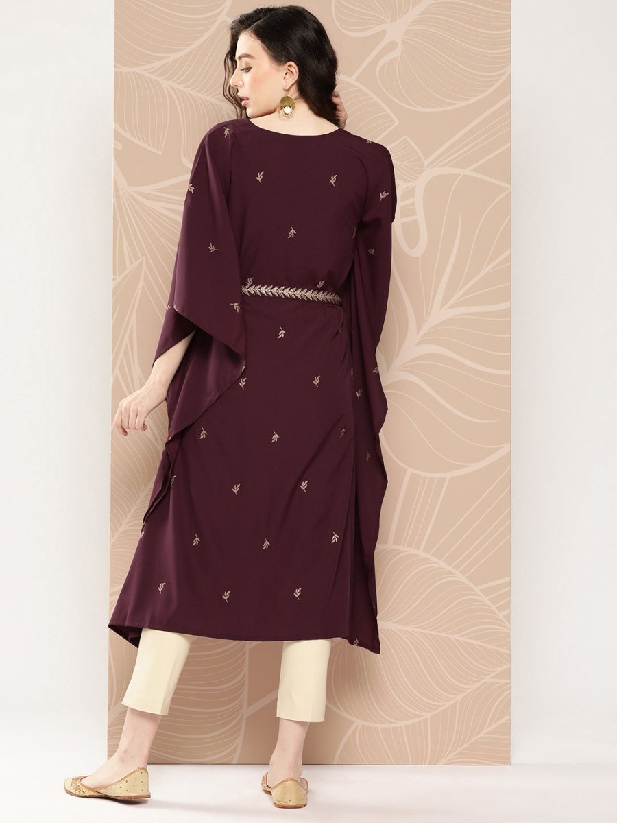 Ahalyaa Women Floral Printed Flared Sleeves Belted Detail Crepe Kaftan Kurta - Distacart