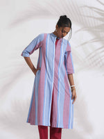 Thumbnail for trueBrowns Blue Cotton Stripe Straight Kurta Set
