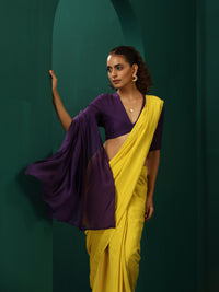 Thumbnail for trueBrowns Yellow Purple Muslin Silk Ready to Wear Saree - Distacart