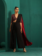 Thumbnail for trueBrowns Black Muslin Silk Diamond Printed Deep V-Neck Blouse - Distacart