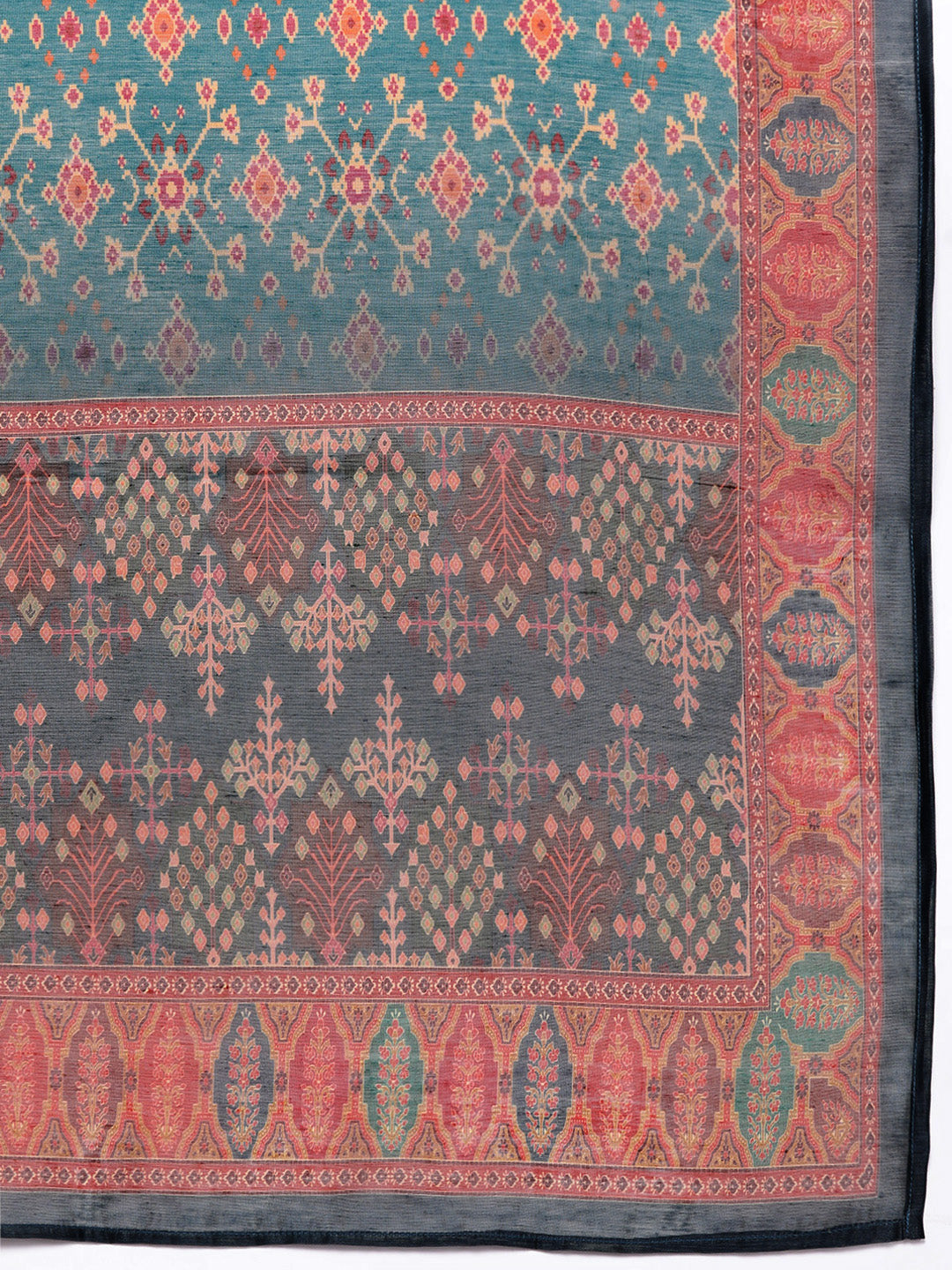 Varanga Women Patola Printed, Teal & Beige Mandrin Collar ,Straight Kurta With Solid Bottom And Printed Dupatta