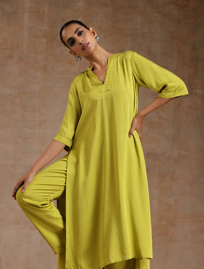 trueBrowns Lime Modal Satin High-Low Relax Kurta Set - Distacart