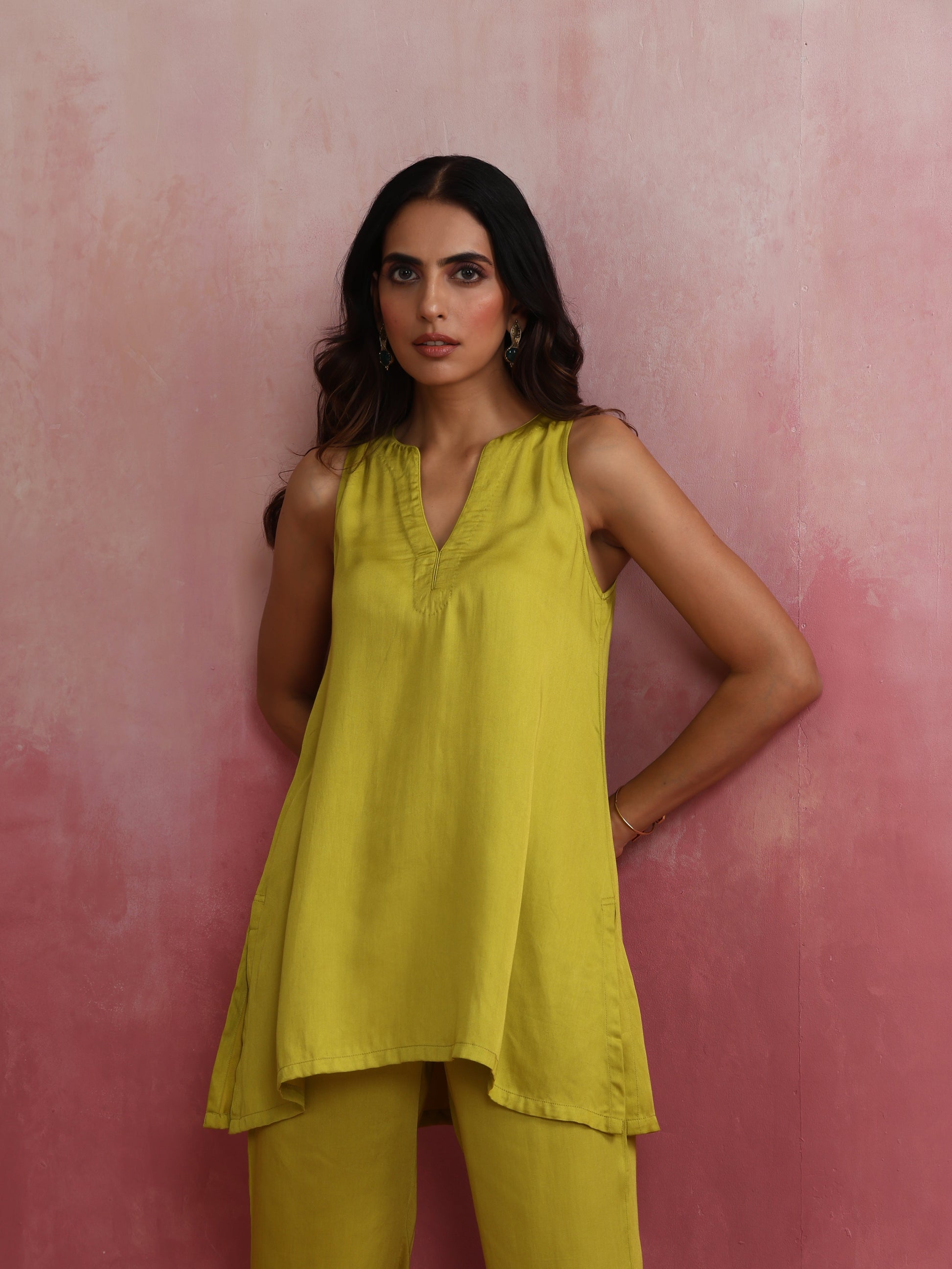 trueBrowns Lime Green Short Kurta Co-ord set - Distacart