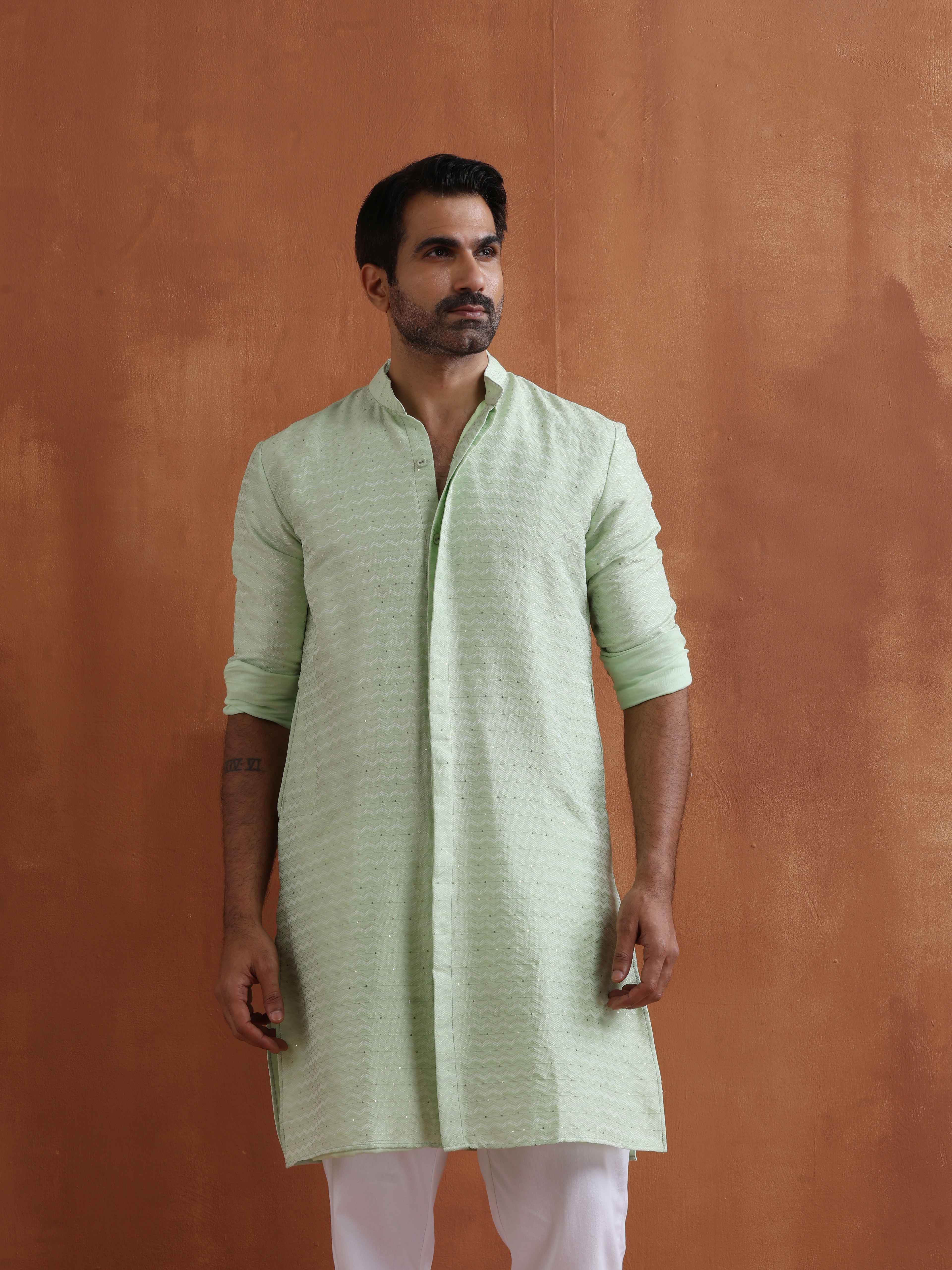 trueBrowns Men's Green Sequin Chanderi Kurta