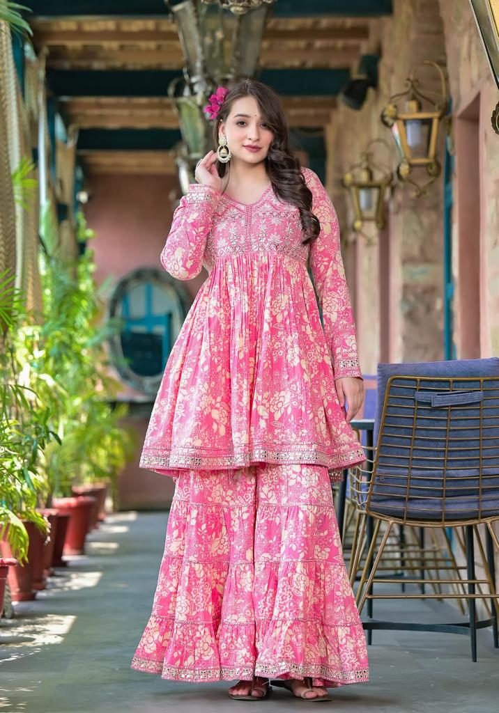 Varanga Women Pink Floral Printed Mirror Work Anarkali Kurta With Sharara And Dupatta - Distacart