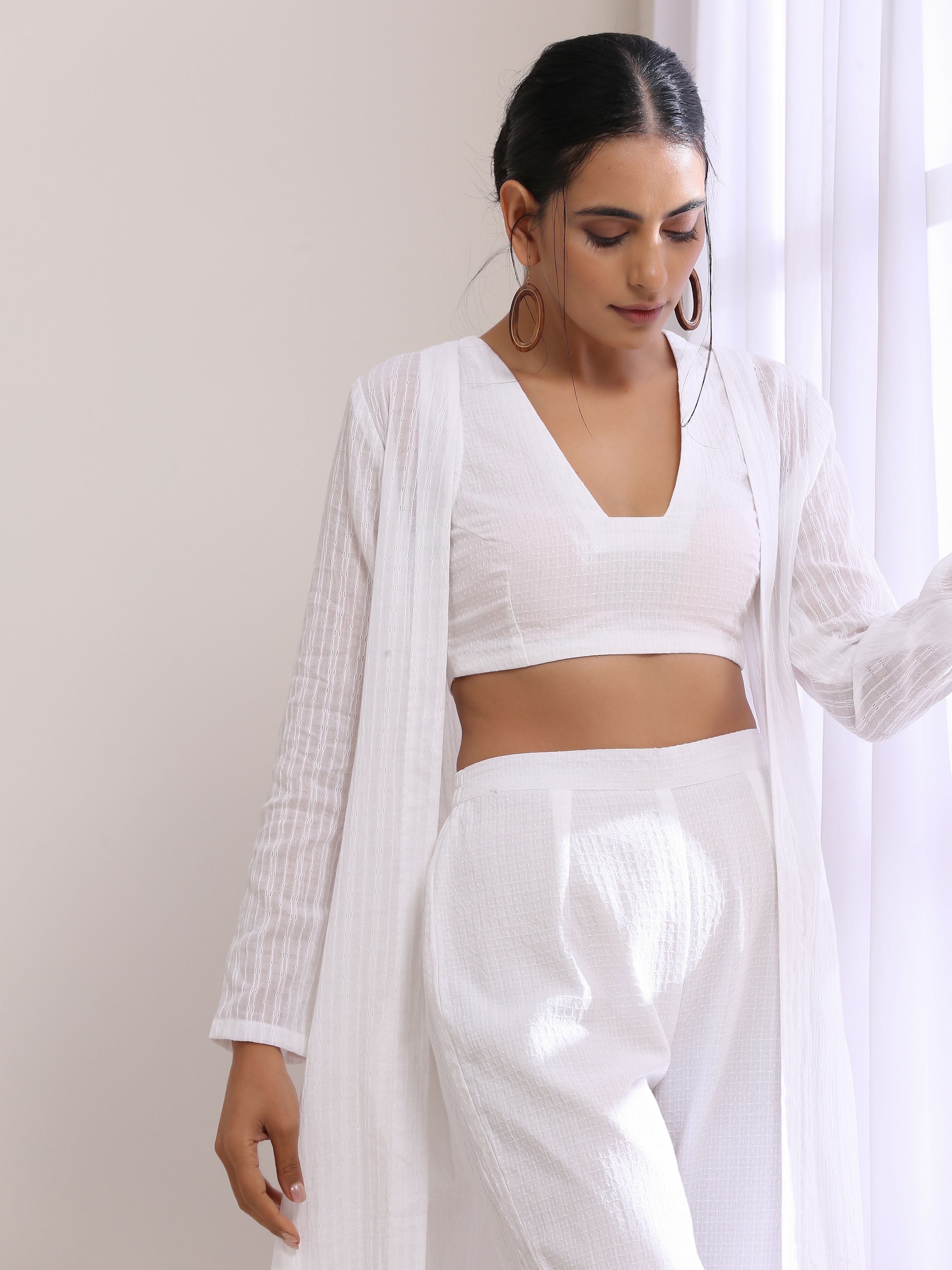 trueBrowns White Dobby Overlay Jacket Blouse Pant Set - Distacart
