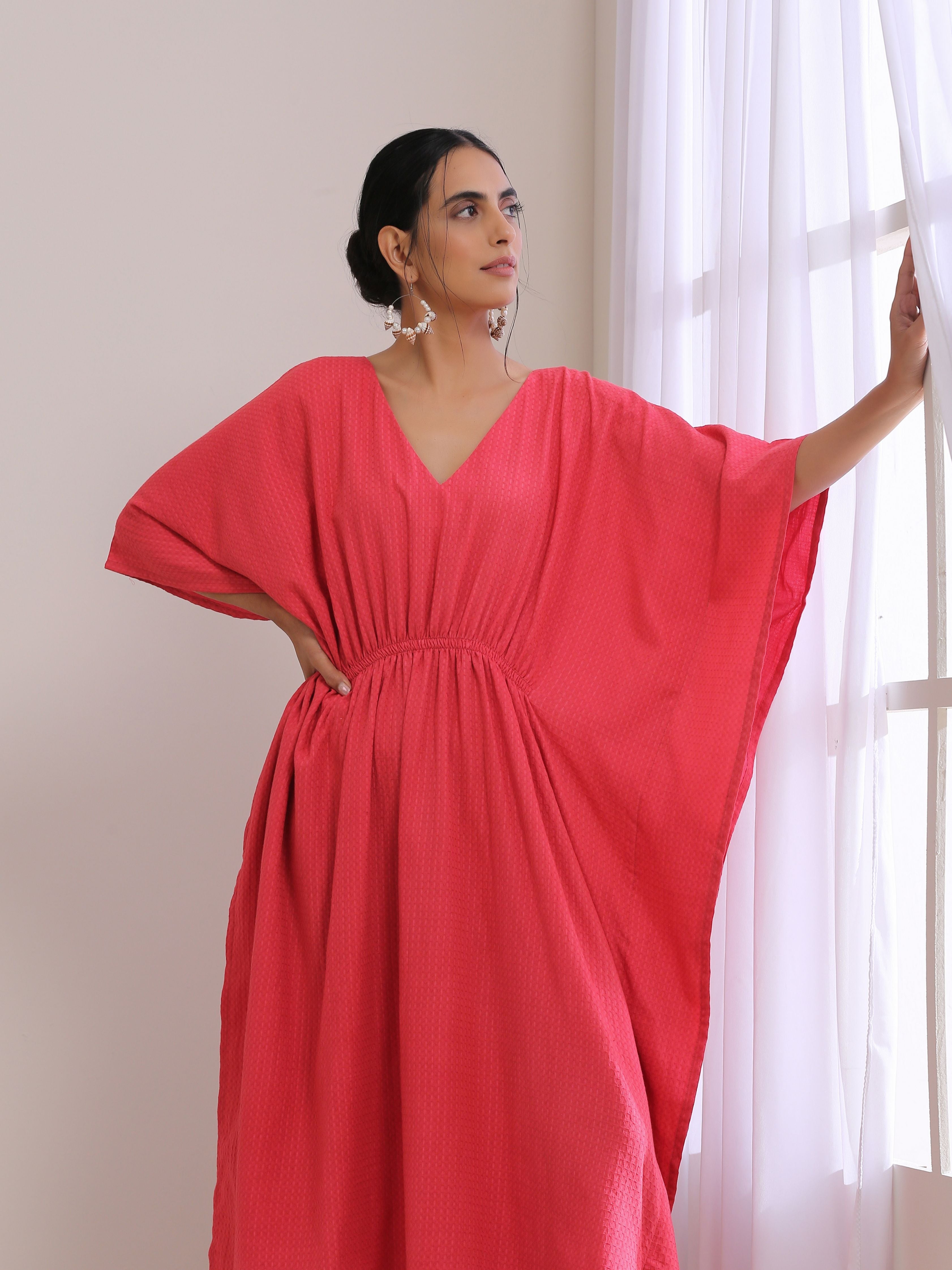 trueBrowns Bright Pink Dobby Kaftan Dress - Distacart