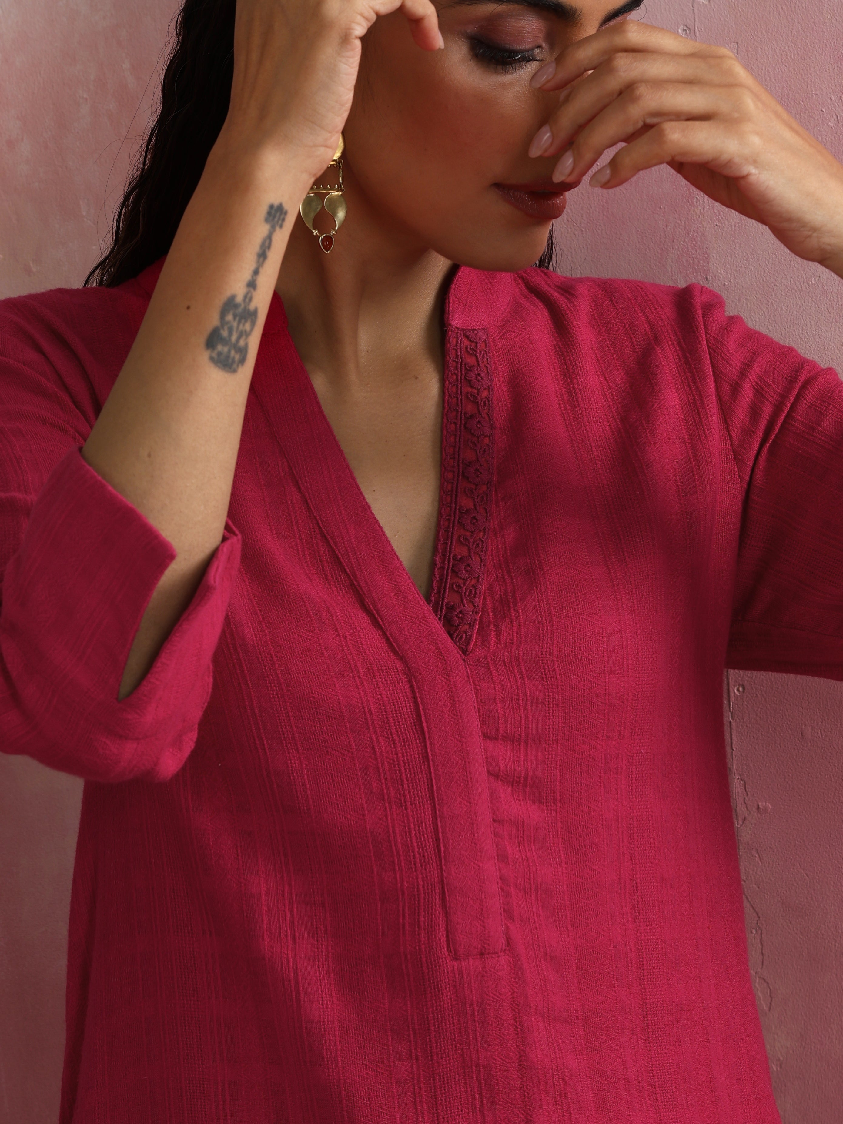 trueBrowns Magenta Cotton Dobby Kurta Set - Distacart