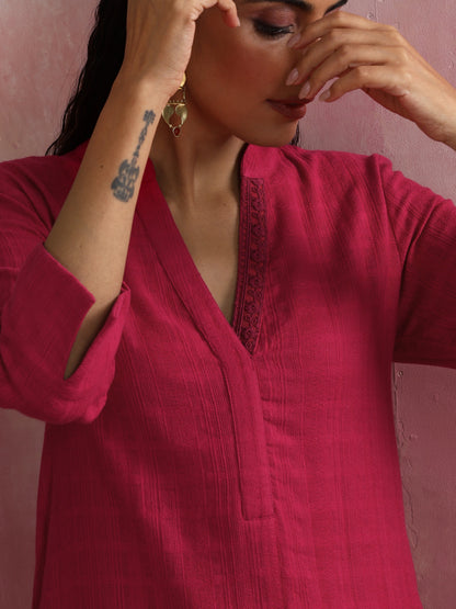 trueBrowns Magenta Cotton Dobby Kurta Set - Distacart