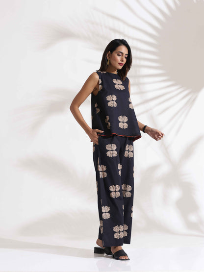 trueBrowns Black Cotton Print Top & Flared Pants Co-ord Set - Distacart